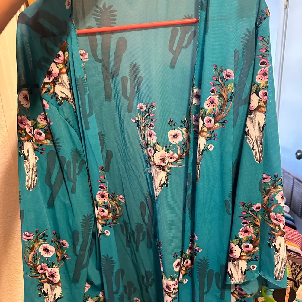 L&B Teal Kimono with Floral Cactus Design
